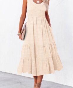 Alternative view of Apricot Shirred Pleated Square Neck Sleeveless Midi Dress