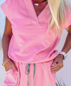 Alternative view of Bonbon Solid Color V Neck Tee Drawstring Pant Set