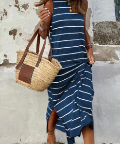 Blue Gray Stripe Print Open Back Sleeveless Maxi Dress with Slits