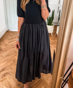 Black Short Sleeve Knit Top Patchwork Pleated Long Dress