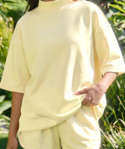 Yellow Cream Solid Color Exposed Seam Mock Neck Oversize Tee Casual Shorts 2pcs Outfit