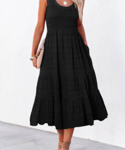 Alternative view of Black Shirred Pleated Square Neck Sleeveless Midi Dress