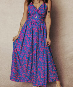 Blue Floral Print Twisted V Neck Tied Backless Maxi Dress