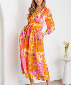 Orange Floral Patchwork Print Cut out Tied Back Bracelet Sleeve Maxi Dress