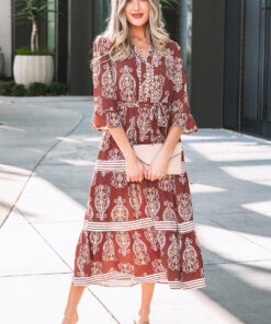 Brown Floral Print Belted Striped Trim Tiered Maxi Dress