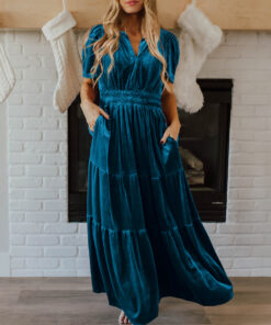Alternative view of Prussian Blue Velvet Short Sleeve Shirred Waist Tiered Maxi Dress