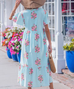 Alternative view of Sky Blue Notched Neck Flutter Short Sleeve Floral Print Maxi Dress