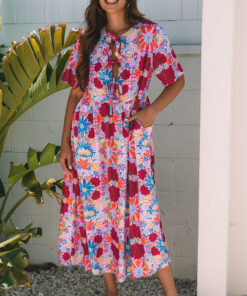 Rose Floral Tied Front High Waist Short Sleeve Loose Long Dress