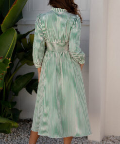 Alternative view of Green Stripe V Neck Zip Front Cinched High Waist Midi Dress