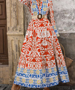 Orange Boho Geometric Printed Long Sleeve Maxi Dress