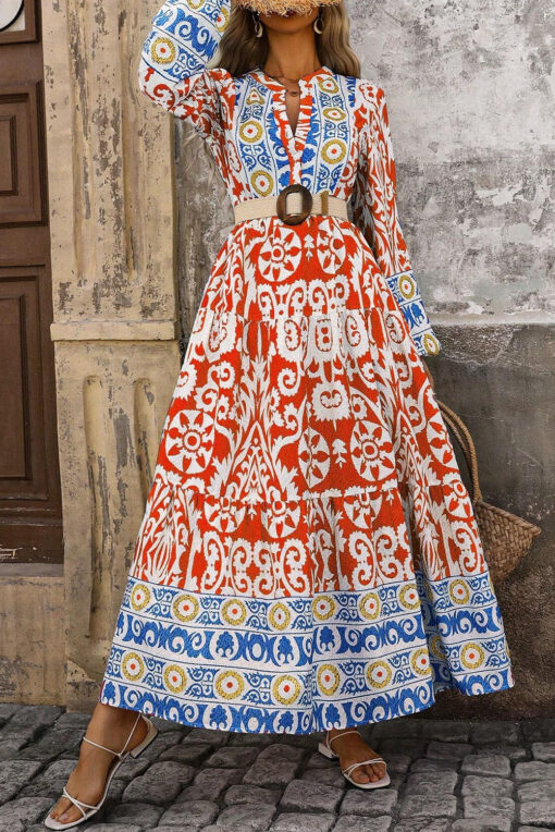 Orange Boho Geometric Printed Long Sleeve Maxi Dress - Leila Leaf Orange Boho Geometric Printed Long Sleeve Maxi Dress - Leila Leaf