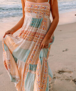 Multicolor Boho Patchwork Print Square Neck Sundress