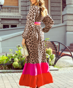 Alternative view of Brown Leopard Color Block V Neck Loose Fit Maxi Dress