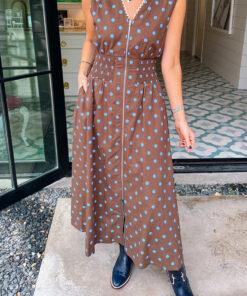 Brown Polka Dot Print Contrast Trim V Neck Zip Up Sleeveless Dress