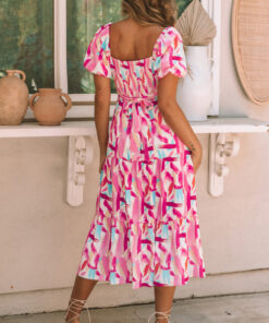 Alternative view of Pink Brush Stroke Printed Smocked Ruffle Tiered Dress