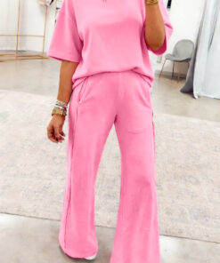 Sachet Pink Solid Cover Oversize Tee Pocketed Casual Pants 2pcs Outfit