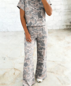 Multicolour Camouflage Short Sleeve Top and High Waist Wide Leg Pants Set