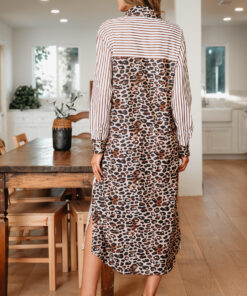 Alternative view of Brown Stripe Contrast Leopard Patchwork Long Shirt Dress with Slits