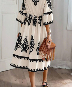 Alternative view of Beige Western Geometric Print 3/4 Sleeve Loose Midi Dress