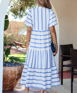 Alternative view of Sky Blue Stripe Ricrac Trim Notched Neck Half Sleeve Vacation Dress