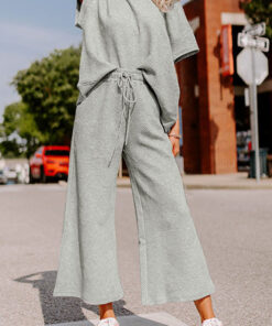 Gray Textured Loose Fit T Shirt and Drawstring Pants Set