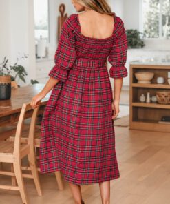 Alternative view of Red Tartan Plaid Square Neck Puff Sleeve Knot Waist Flared Midi Dress
