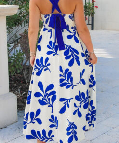 Alternative view of Blue Floral Print Crisscross Tie Back Sleeveless Long Dress