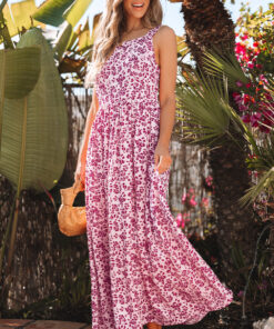 Pink Floral Cutout Back Empire Waist Sleeveless Maxi Dress