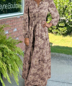 Brown Floral Print Smocked High Waist Long Sleeve Maxi Dress