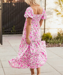 Alternative view of Pink Dainty Floral Smocked Puff Sleeve Flowy Long Dress
