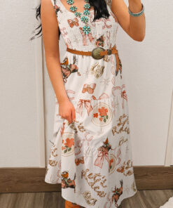 White Western Horseshoe Print U-Neck Sleeveless Midi Dress