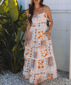 Orange Multi Printed Ricrac Trim Spaghetti Straps Maxi Dress