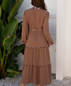Alternative view of Chestnut Floral Patchwork Detail Notched Neck Long Sleeve Maxi Dress