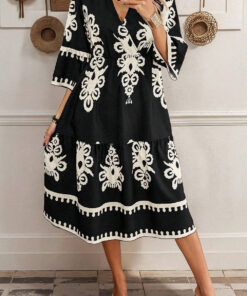Black Western Geometric Print 3/4 Sleeve Loose Midi Dress