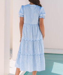 Alternative view of Sky Blue Stripe Bubble Short Sleeve Tiered Scallop Long Dress
