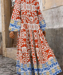 Alternative view of Orange Boho Geometric Printed Long Sleeve Maxi Dress