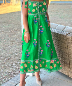 Green Floral Print Contrast Trim Knotted Straps Midi Dress