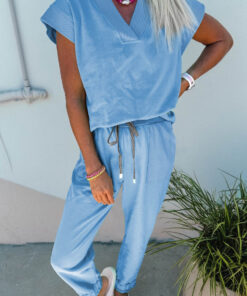 Beau Blue Solid Color V Neck Tee Drawstring Pant Set