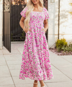 Pink Dainty Floral Smocked Puff Sleeve Flowy Long Dress