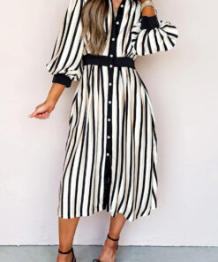 Black Stripe 3/4 Puff Sleeve Shirt Style Button Down Midi Dress