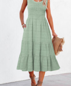 Alternative view of Green Shirred Pleated Square Neck Sleeveless Midi Dress