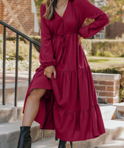 Burgundy Solid Long Sleeve Button V Neck Tiered Maxi Dress