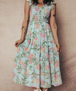 Yellow Smocked Bodice Ruffled Sleeveless Tiered Floral Maxi Dress