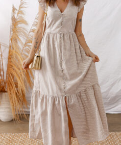 Khaki Stripe Flutter Sleeve Buttoned Front Slit Maxi Dress