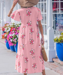 Alternative view of Pink Notched Neck Flutter Short Sleeve Floral Print Maxi Dress