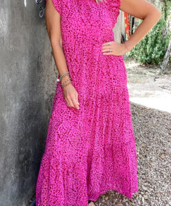 Rose Red Leopard Print Ruffled Trim Tiered Maxi Dress