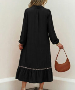 Alternative view of Black Collared V Neck Smocked Detail Contrast Leopard Trim Bracelet Sleeve Long Dress