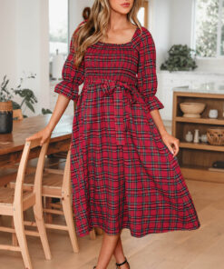 Red Tartan Plaid Square Neck Puff Sleeve Knot Waist Flared Midi Dress