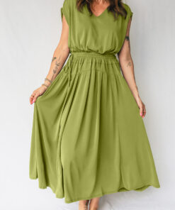 Fern Green Solid V Neck Cap Sleeve Tunic Elastic Waist Versatile Maxi Dress