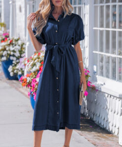 Sail Blue Full Buttons Collared Short Bubble Sleeve Long Denim Dress